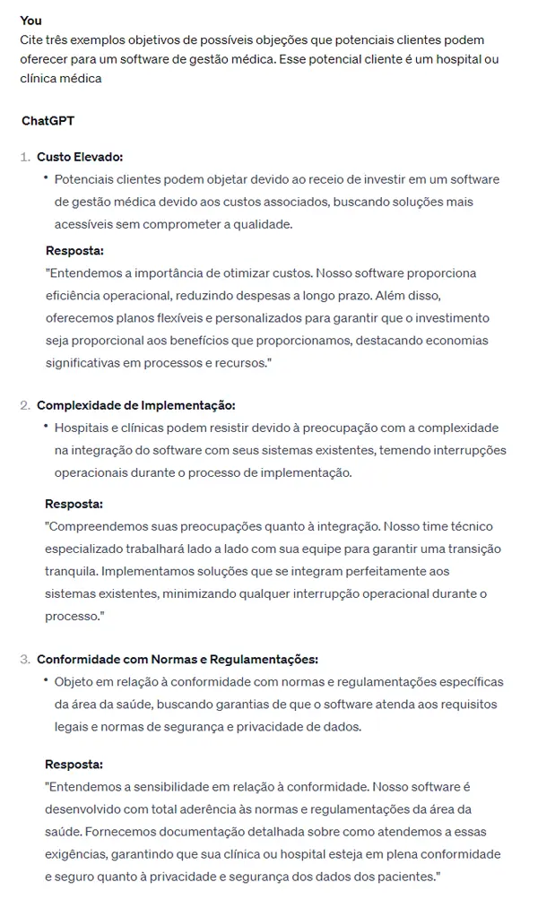 Exemplo de como usar ChatGPT Contorno de objeções dos clientes